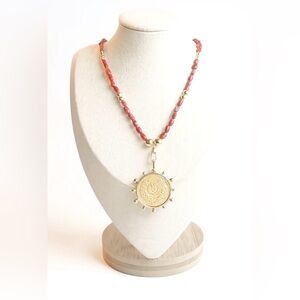 New Natural Vintage Italian Red Coral & Gold French Medallion Necklace